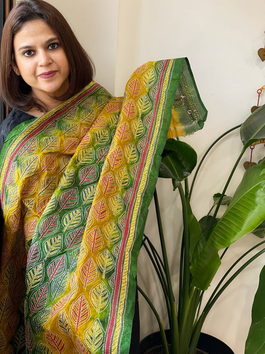 Green, Yellow Handmade Kantha Dupatta in Silk