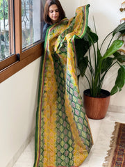 Green, Yellow Handmade Kantha Dupatta in Silk