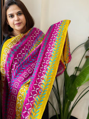 Yellow, Pink Handmade Kantha Dupatta in Silk