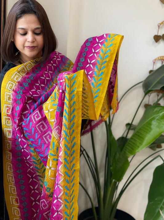Yellow, Pink Handmade Kantha Dupatta in Silk