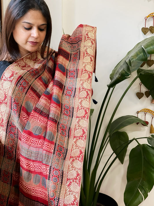 Ajrakh Handblock Printed Organza Crepe Dupatta with Banarasi Border