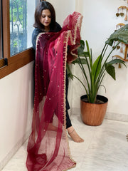 Maroon Net Dupatta with Pearl, Sequin and Cut Daana Embroidery