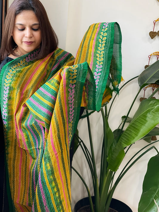Green, Yellow Handmade Kantha Dupatta in Silk