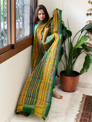 Green, Yellow Handmade Kantha Dupatta in Silk