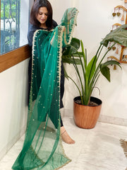 Green Net Dupatta with Pearl, Sequin and Cut Daana Embroidery