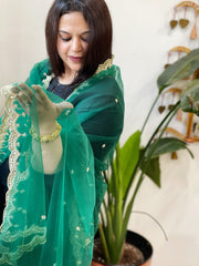 Green Net Dupatta with Pearl, Sequin and Cut Daana Embroidery