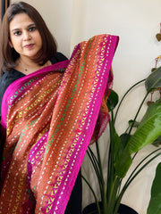 Orange, Pink Handmade Kantha Dupatta in Silk