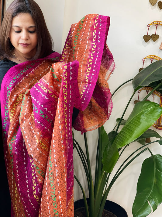 Orange, Pink Handmade Kantha Dupatta in Silk