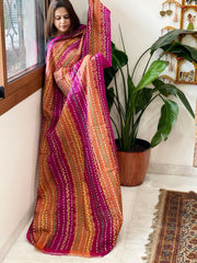 Orange, Pink Handmade Kantha Dupatta in Silk