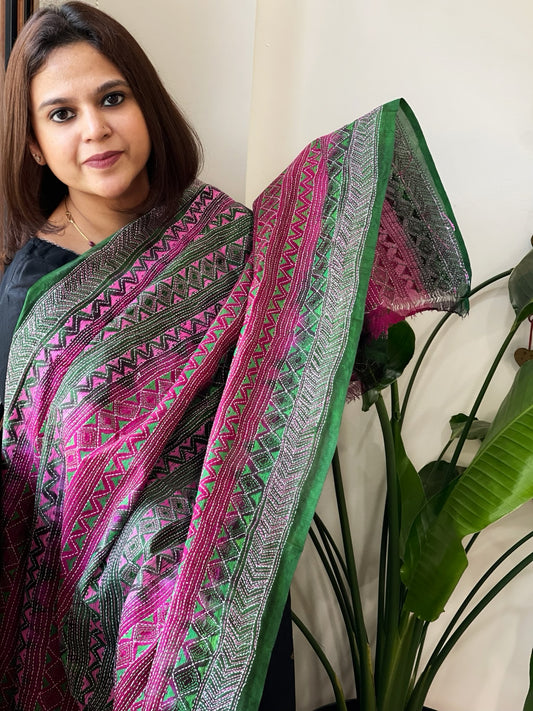 Green, Pink Handmade Kantha Dupatta in Silk