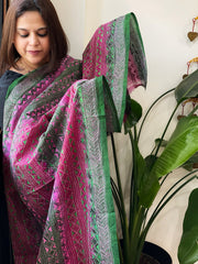 Green, Pink Handmade Kantha Dupatta in Silk
