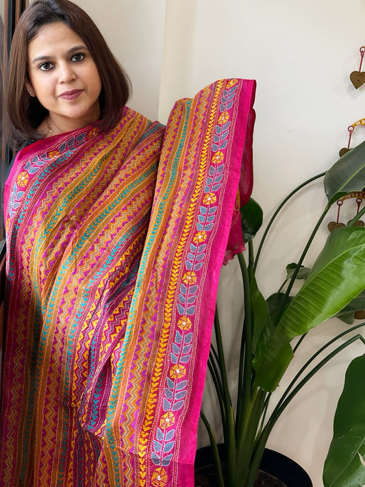 Pink, Yellow Handmade Kantha Dupatta in Silk