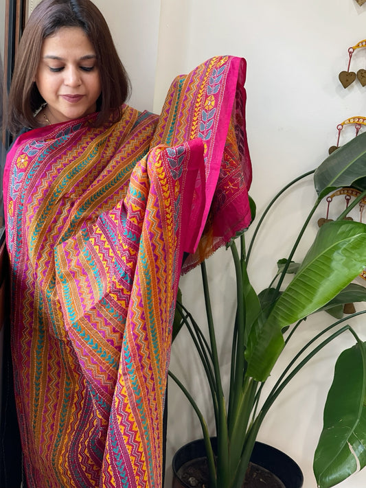 Pink, Yellow Handmade Kantha Dupatta in Silk