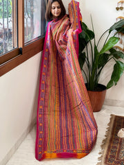 Pink, Yellow Handmade Kantha Dupatta in Silk