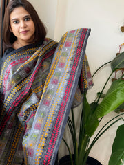 Grey, Black Handmade Kantha Dupatta in Silk