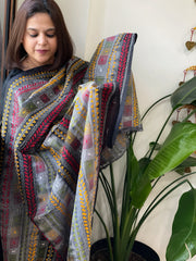Grey, Black Handmade Kantha Dupatta in Silk