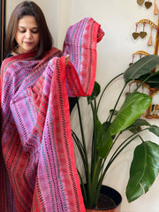 Pink, Red Handmade Kantha Dupatta in Silk