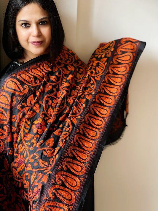 Black Handmade Nakshi Kantha Dupatta in Pure Silk