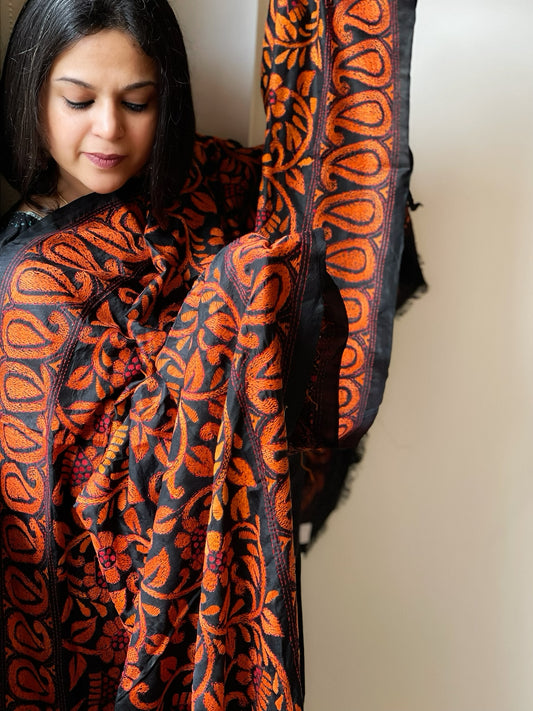 Black Handmade Nakshi Kantha Dupatta in Pure Silk