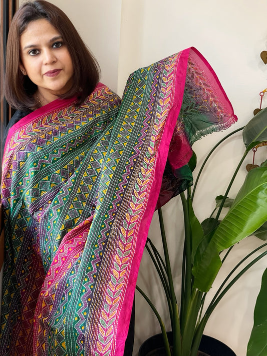 Pink, Green Handmade Kantha Dupatta in Silk