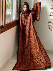 Black Handmade Nakshi Kantha Dupatta in Pure Silk