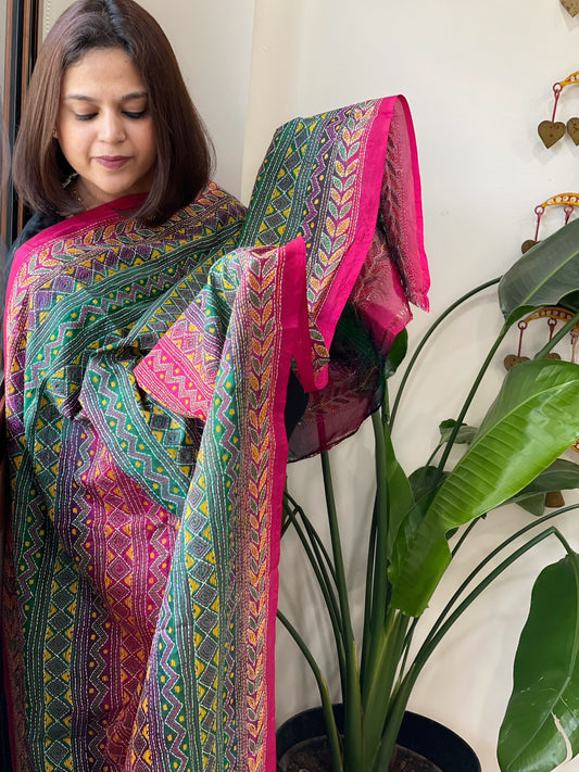 Pink, Green Handmade Kantha Dupatta in Silk