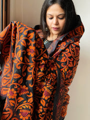 Black Handmade Nakshi Kantha Dupatta in Pure Silk