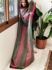 Pink, Green Handmade Kantha Dupatta in Silk