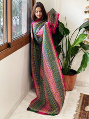 Pink, Green Handmade Kantha Dupatta in Silk