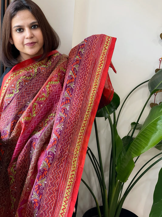 Purple, Red Handmade Kantha Dupatta in Silk