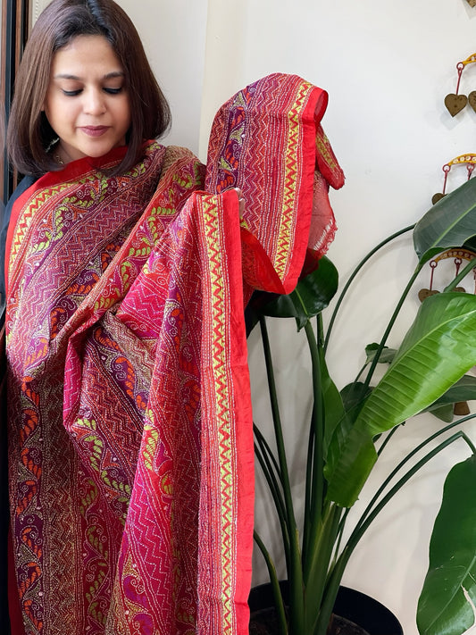 Purple, Red Handmade Kantha Dupatta in Silk