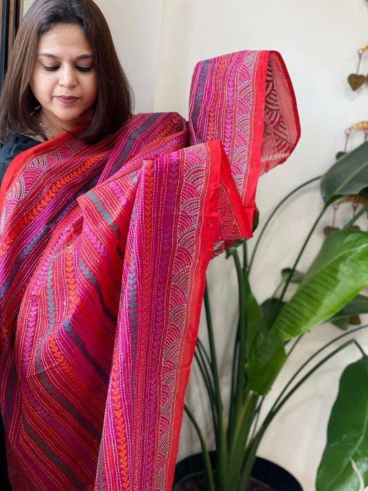 Orange, Pink Handmade Kantha Dupatta in Silk