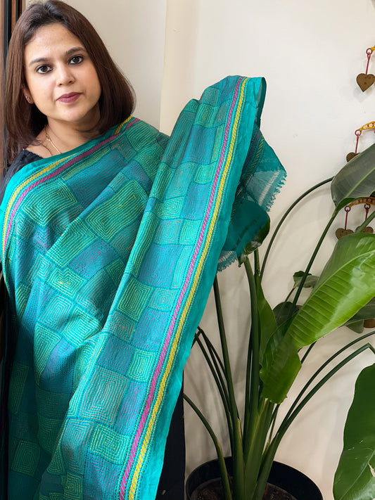 Turquoise Handmade Kantha Dupatta in Silk
