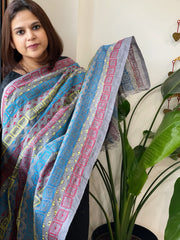 Grey, Powder Blue Handmade Kantha Dupatta in Silk