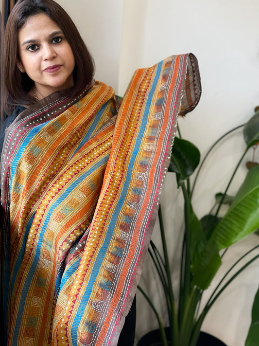 Mustard, Brown Handmade Kantha Dupatta in Silk