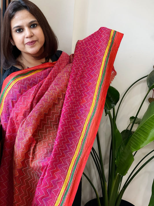Orange, Pink Handmade Kantha Dupatta in Silk