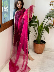 Magenta Pink Net Dupatta with Pearl, Sequin and Cut Daana Embroidery