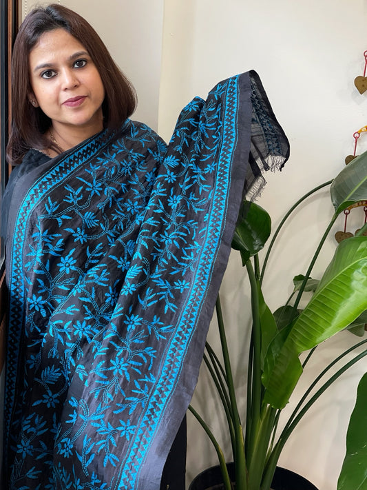 Black Handmade Kantha Dupatta in Silk