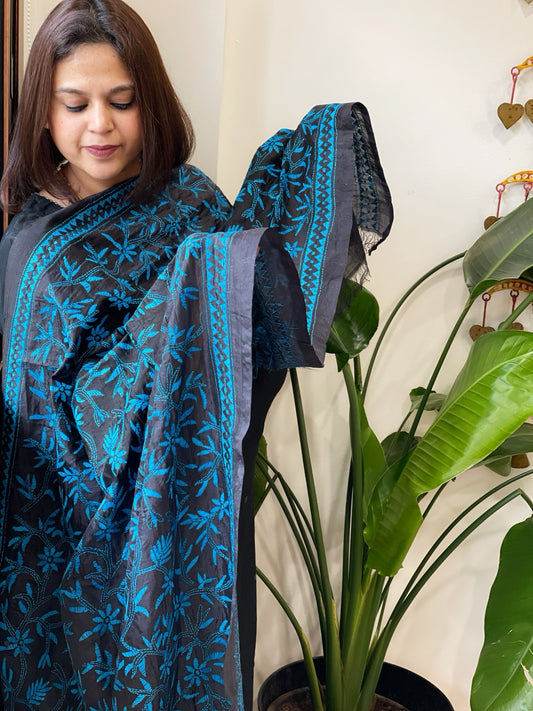 Black Handmade Kantha Dupatta in Silk