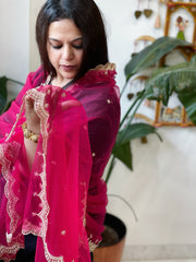 Magenta Pink Net Dupatta with Pearl, Sequin and Cut Daana Embroidery