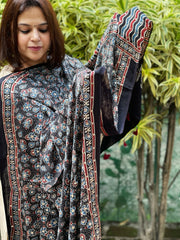 Black Handblock Printed Ajrakh Dupatta with Mukaish Handwork