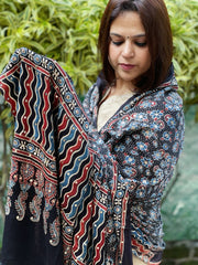 Black Handblock Printed Ajrakh Dupatta with Mukaish Handwork