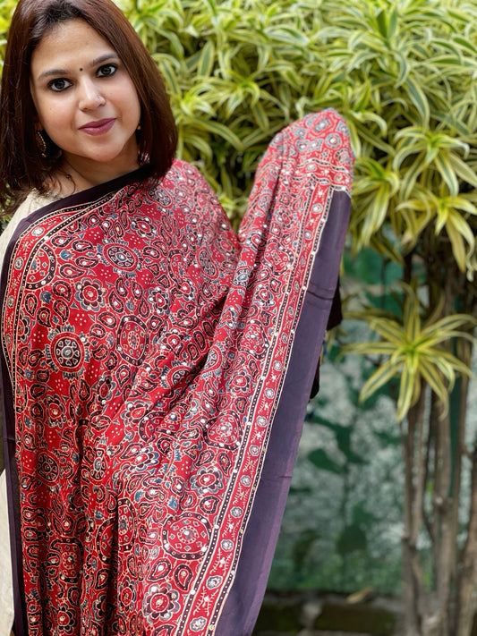 Rust Handblock Printed Ajrakh Dupatta with Mukaish Handwork