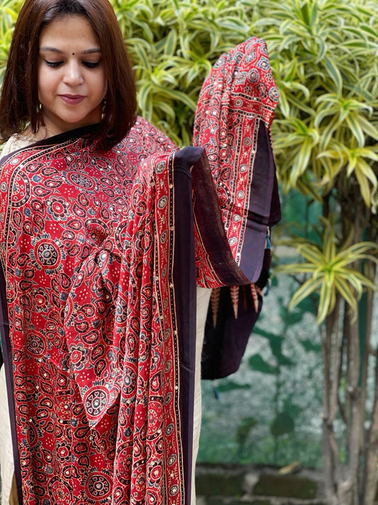 Rust Handblock Printed Ajrakh Dupatta with Mukaish Handwork