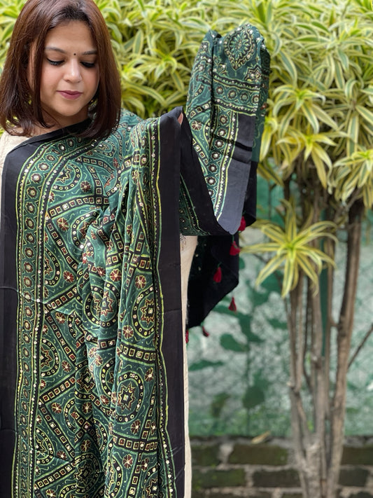 Green Handblock Printed Ajrakh Dupatta with Mukaish Handwork