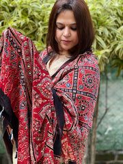 Red Handblock Printed Ajrakh Dupatta with Mukaish Handwork