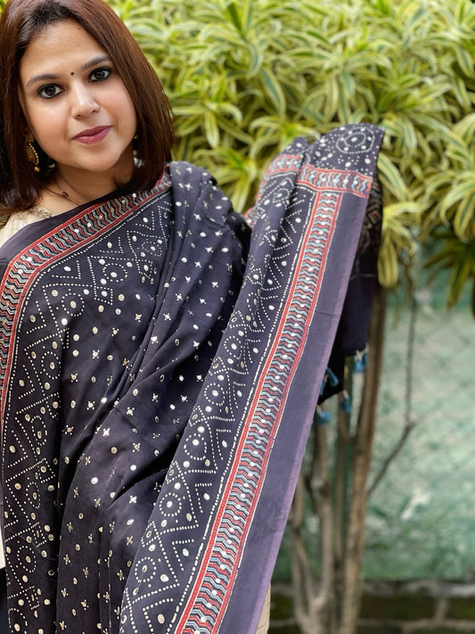 Black Handblock Printed Ajrakh Dupatta with Mukaish Handwork