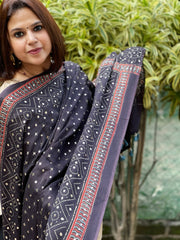 Black Handblock Printed Ajrakh Dupatta with Mukaish Handwork