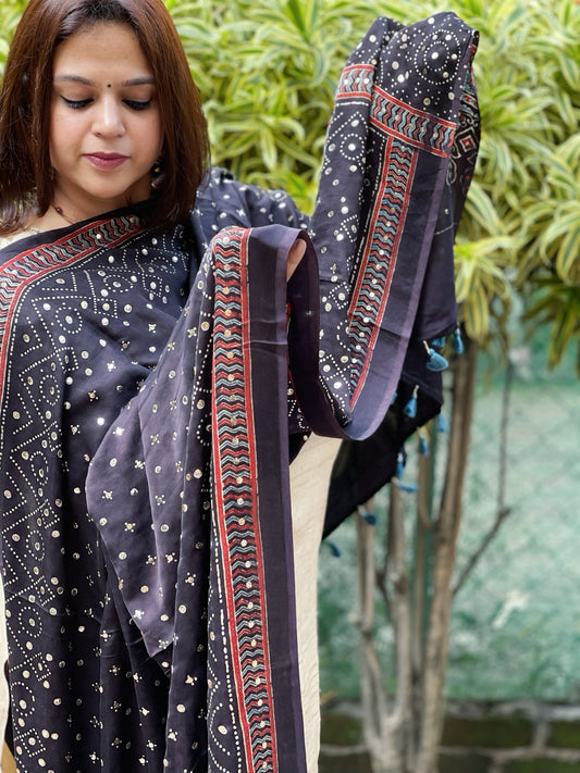 Black Handblock Printed Ajrakh Dupatta with Mukaish Handwork