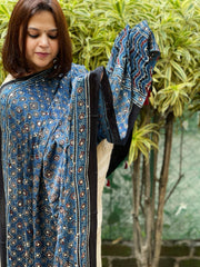 Blue Handblock Printed Ajrakh Dupatta with Mukaish Handwork